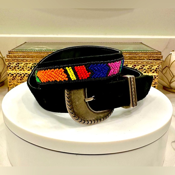 VTG Ginnie Johansen - Dallas, Texas - Black Suede/Color-block Beaded Belt S VGUC main image 12